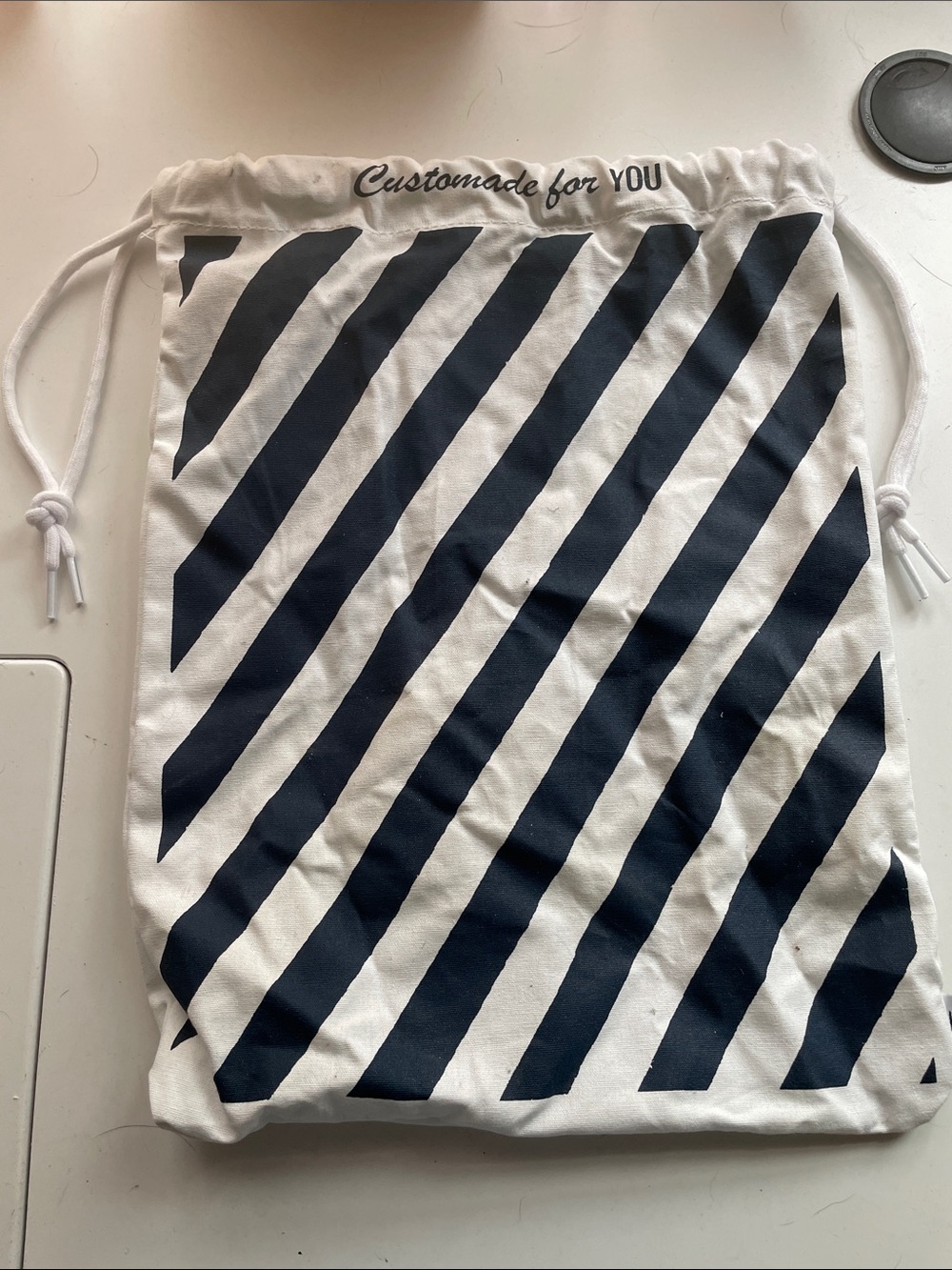 Custom Drawstring Pouch with Diagonal Navy Stripes